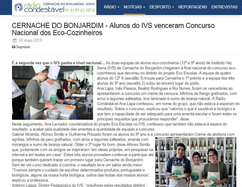 Alunos do IVS venceram Concurso Nacional dos Eco-Cozinheiros, in Rádio Condestável
